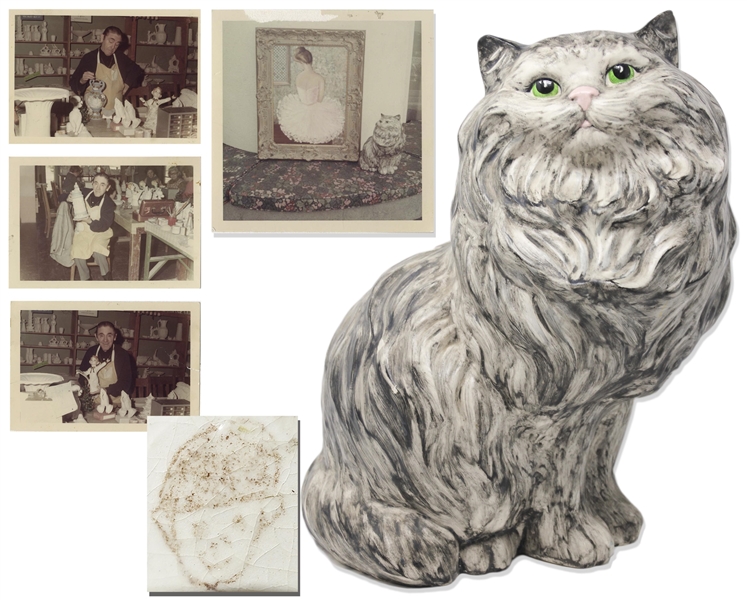 Moe Howard Hand-Painted Ceramic Cat, With Photo of the Cat, & 4 Other Photos of Him in Ceramics, His Favorite Hobby -- 13'' x 11'' Cat Has Moe's Stamp on Bottom -- Small Chip to Side, Else Near Fine